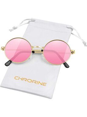 Chrorine Women's Gold Frame Pink Lens Hippie Round 70s Retro Sun Glasses